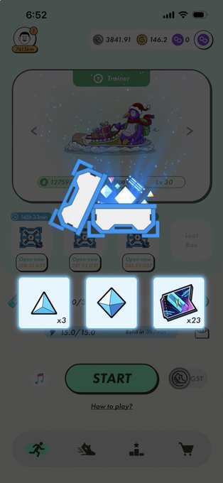 A mobile game screen showing a winter-themed trainer card with a glowing blue robotic creature overlay and three crystal-like item icons below a 'START' button.