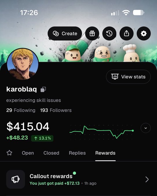A screenshot of a PumpFun profile for user "karoblaq" showing a balance of $415.04 with a recent $72.13 Callout reward notification, illustrating the post about earning money for discussing purchased coins.