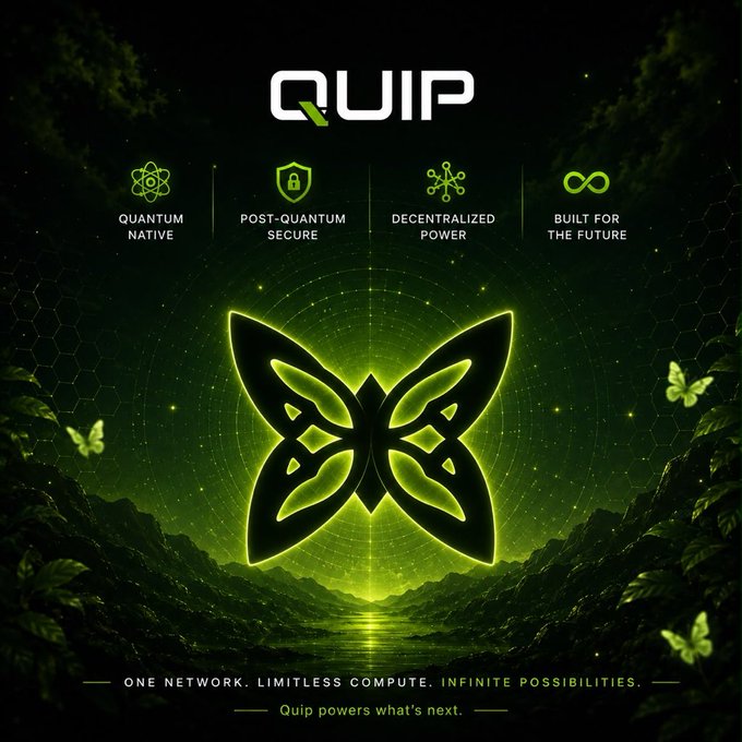 The image is a promotional graphic for "QUIP" featuring a glowing green butterfly logo against a dark nature backdrop, with four feature icons highlighting it as "Quantum Native," "Post-Quantum Secure," "Decentralized Power," and "Built for the Future," along with the tagline "One network. Limitless compute. Infinite possibilities. Quip powers what's next."

The post aligns with the image's emphasis on Quip's "Post-Quantum Secure" feature, reinforcing the message that Quip prioritizes protecting existing crypto assets and wallets as quantum-era cryptography evolves, rather than solely focusing on quantum compute.