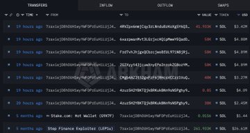 A split image showing a dark, blurry screen of cryptocurrency transaction data at the top, and a large pile of banded US $100 bills dominating the bottom section.