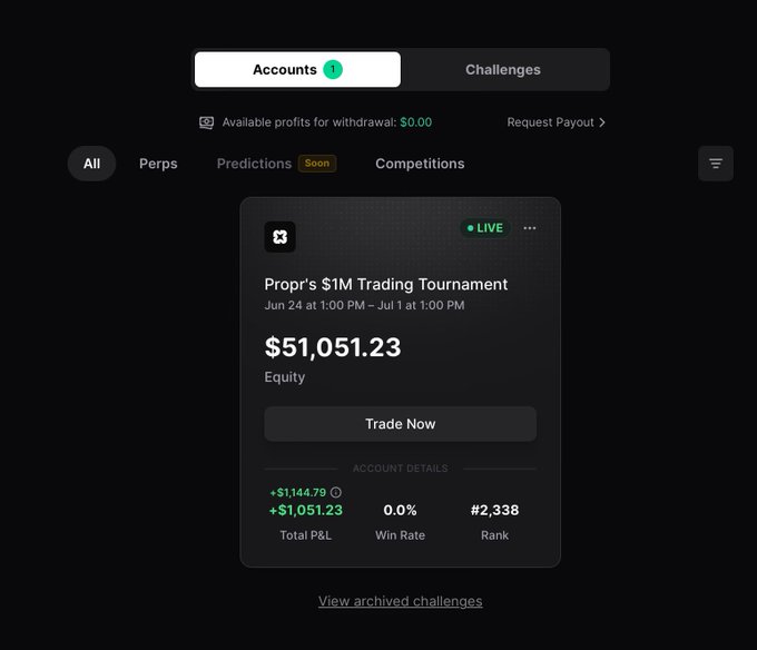 The image shows a trading dashboard for "Propr's $1M Trading Tournament" with a live account displaying $51,051.23 in equity, +$1,144.79 in total P&L, a 0.0% win rate, and a rank of #2,338, illustrating the ongoing prop trading competition promoted in the post.