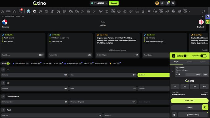 A screenshot of the Qzino sportsbook displays an international World Cup match between Panama and England with odds of 16.0, 8.0, and 1.15, alongside a betting slip showing a $5 wager on England with a potential payout of $909.65, reflecting the user's positive experience with the platform's fast withdrawals and competitive odds.