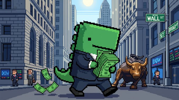 A pixel art illustration depicts a green dinosaur in a business suit walking down Wall Street carrying money, with the Dow bull statue nearby.