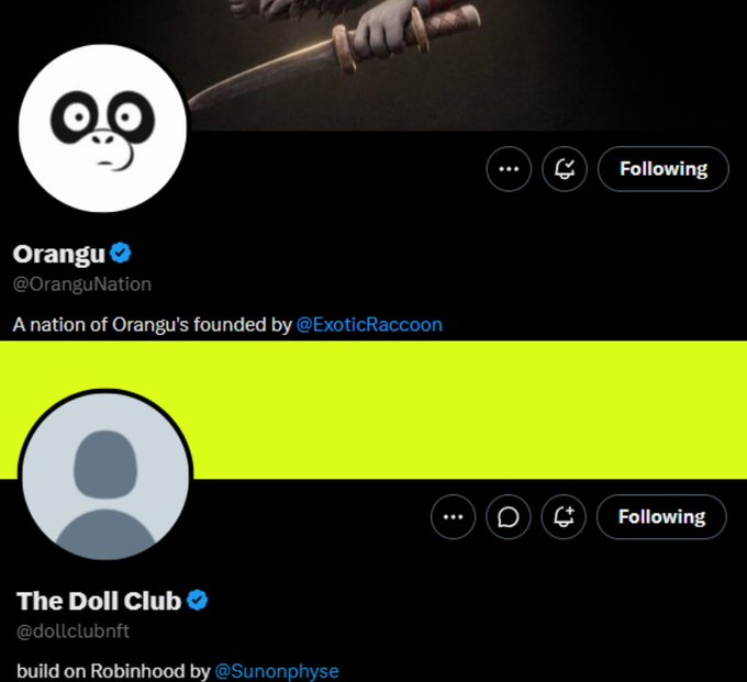 Two Twitter profile cards from NFT collections built on Robinhood: "Orangu Nation" (@OranguNation) founded by @ExoticRaccoon, featuring a panda logo, and "The Doll Club" (@dollclubnft) by @Sunonphyse, featuring a generic silhouette avatar. Both projects are highlighted as upcoming Robinhood NFT launches with TBA mint prices and free mint options respectively, as mentioned in the accompanying post.