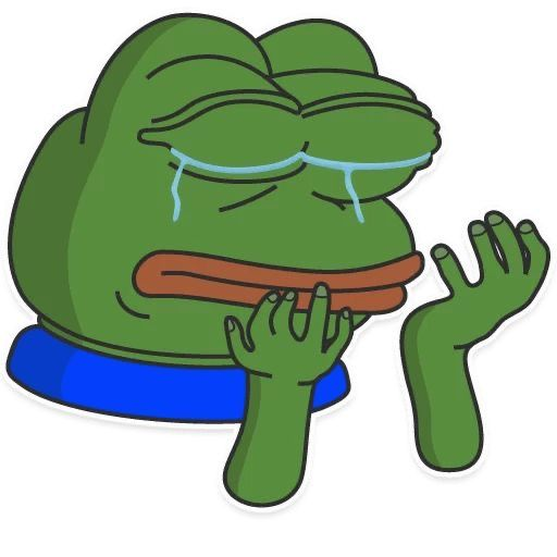 A cartoon illustration of the crying Pepe the Frog meme character with tears streaming down, holding its hands up near its face.