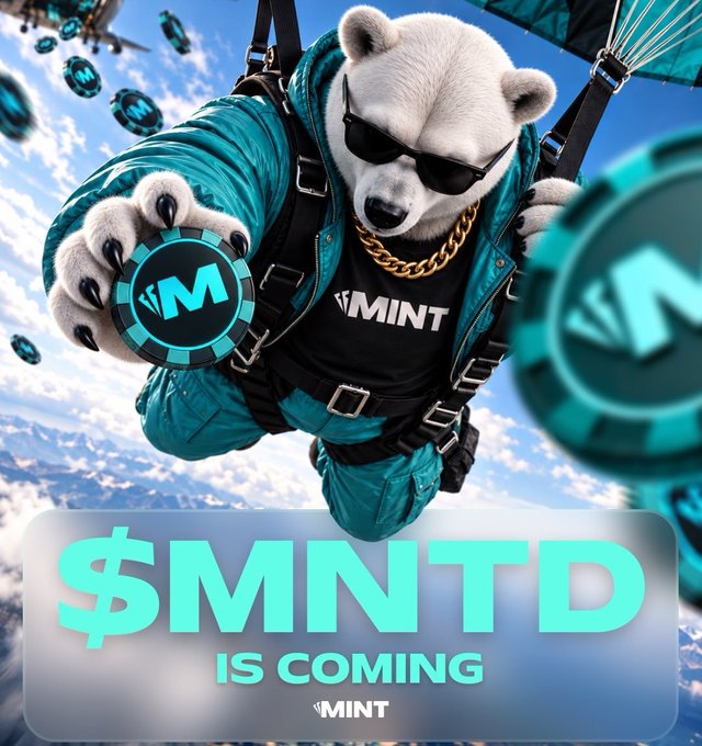 A promotional image shows a polar bear wearing sunglasses, a gold chain, and a parachute harness holding a "M" coin, with text reading "$MNTD IS COMING" and the "MINT" logo.