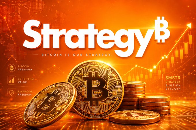 A promotional image with the large text 'Strategy' and a Bitcoin symbol, featuring the tagline 'BITCOIN IS OUR STRATEGY.' over a background of gold Bitcoin coins and a rising stock chart, with labels including 'BITCOIN TREASURY', 'LONG TERM VALUE', and '$MSTR STRATEGY BUILT ON BITCOIN'.