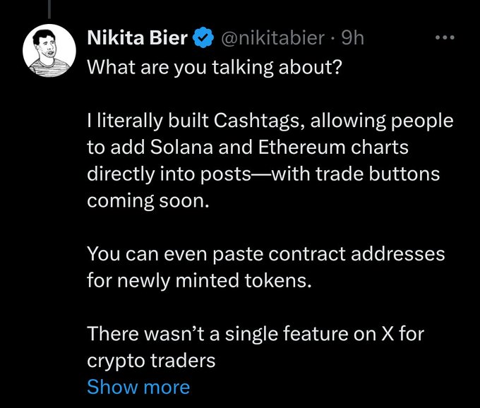 A screenshot of a tweet from Nikita Bier (@nikitabier) stating he "literally built Cashtags, allowing people to add Solana and Ethereum charts directly into posts—with trade buttons coming soon" and noting users can paste contract addresses for newly minted tokens, claiming there wasn't a crypto trader feature on X before. This relates to the post by announcing upcoming trade buttons for tickers like $TIBBIR, $SUI, and $WLTH directly within X posts.
