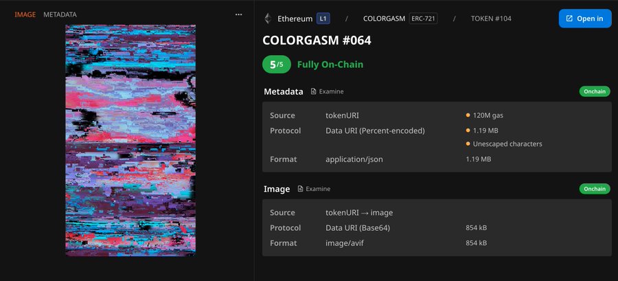 A screenshot of an NFT marketplace displaying COLORGASM #064, an Ethereum ERC-721 token featuring colorful glitch-style artwork with metadata indicating 120M gas and fully on-chain storage.