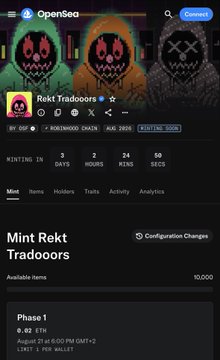 An OpenSea webpage displaying the "Rekt Traidoors" NFT collection, showing total stats of 89.05 ETH volume and 1,352,928 trades, with Mint Rekt Traidoors Phase 1 beginning August 21 at 6:00 PM GMT+2.