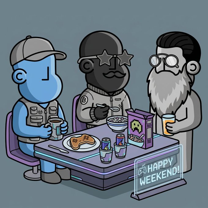Three cartoon characters sit around a futuristic table sharing a meal together, with a neon sign reading 'HAPPY WEEKEND!' displayed in the foreground.