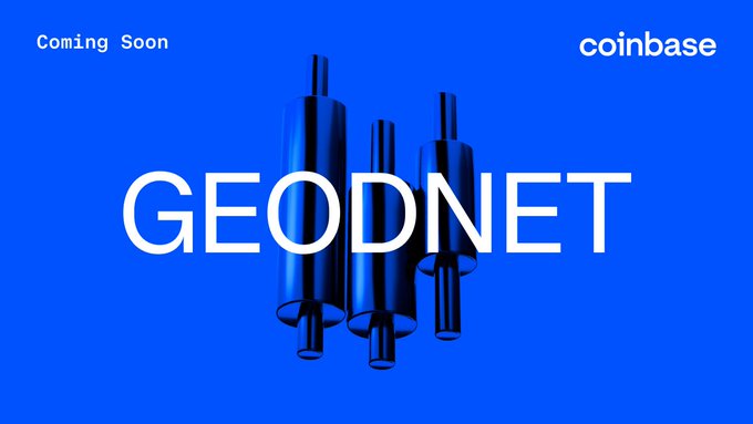 The image features a blue background with white text that reads "GEODNET" followed by three black pipes arranged vertically. The text also includes the words "spot trading for GEODNET" and "23 June 2026". The image seems to be related to the Coinbase platform, as it is described as a "post about coinbase" and "coming soon".