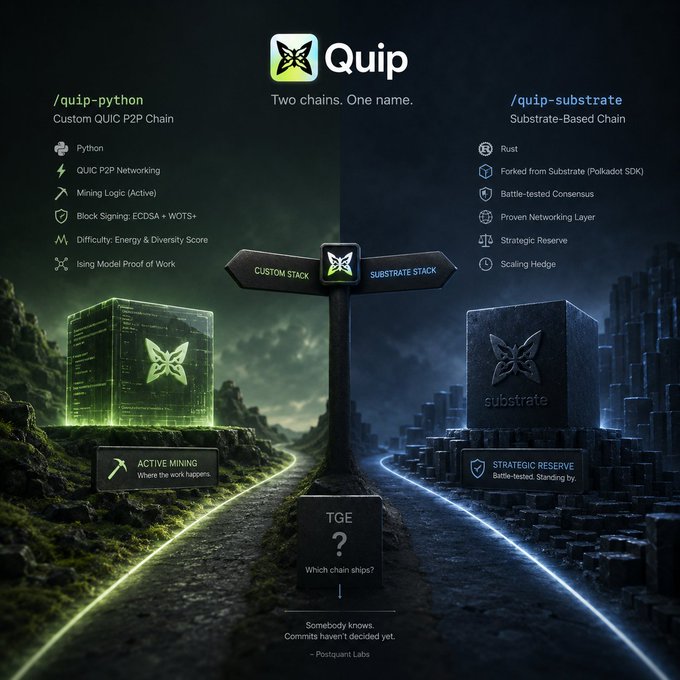 Promotional graphic for Quip, showing 'Two chains. One name.' with side-by-side comparison of /quip-python (Custom QUIC P2P Chain) and /quip-substrate (Substrate-Based Chain), featuring a signpost reading 'CUSTOM STACK' and 'SUBSTRATE STACK' with a 'TGE ? Which chain ships?' token in the center.