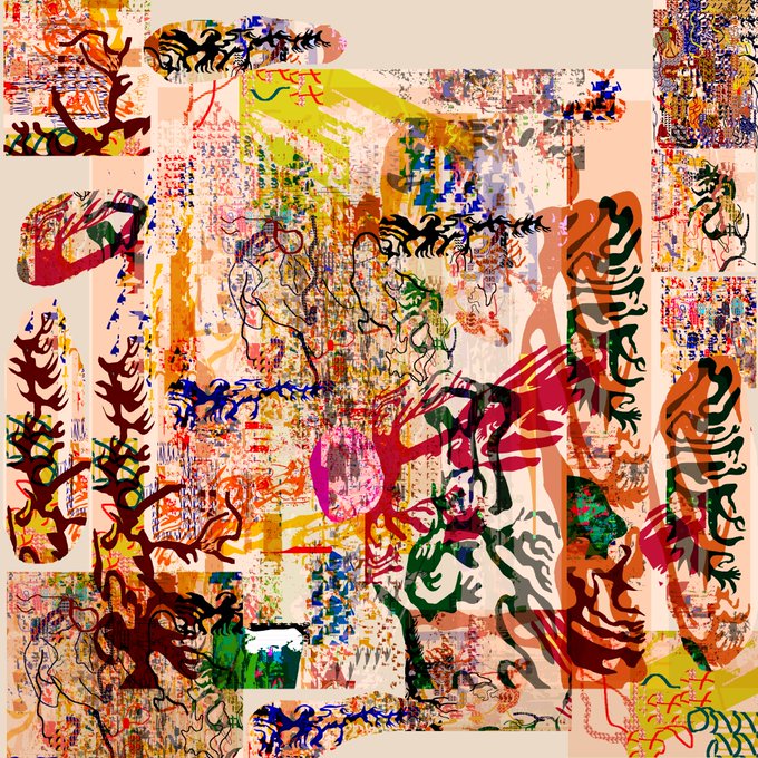 An abstract, colorful artwork featuring layered chaotic patterns, scribbles, and collage-like elements in vibrant hues of orange, red, yellow, blue, and green.
