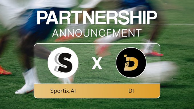 Partnership announcement graphic showing Sportix.AI (S logo) and DI (D logo) collaboration, with blurred soccer players running on a grass field in the background.