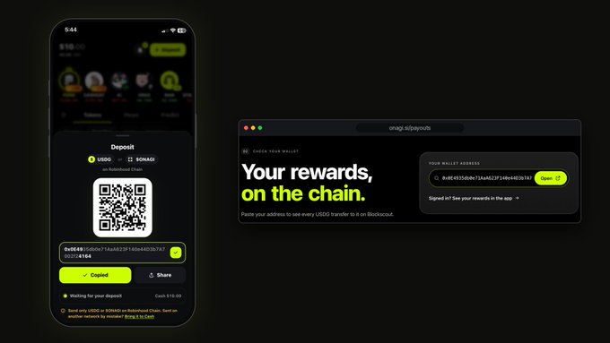 A promotional graphic shows a smartphone wallet deposit QR code and a desktop wallet panel reading “Your rewards, on the chain,” with a “Claim” button and a Bitcoin address visible.