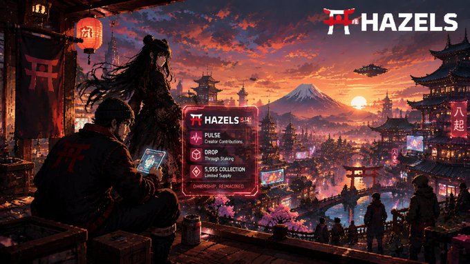 A cyberpunk-style artwork featuring a 'HAZELS' interface overlay with options for 'PULSE', 'DRUG', and '5,555 COLLECTION' against a sunset cityscape with Mt. Fuji in the background.