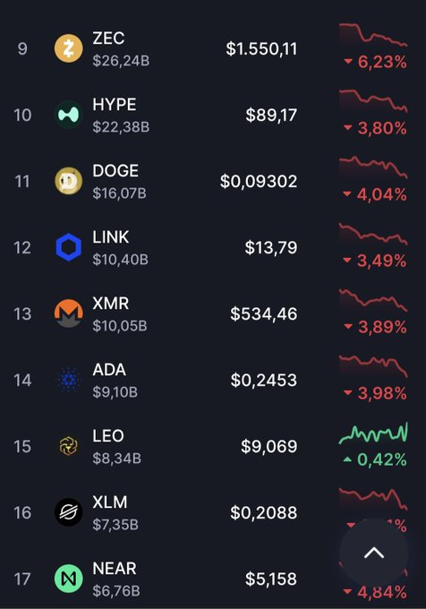 A cryptocurrency market tracker screenshot displaying various coins ranked 9-17 including ZEC ($1,550.11, -6.23%), HYPE ($89.17, -3.80%), DOGE ($0.09302, -4.04%), LINK ($13.79, -3.49%), XMR ($534.46, -3.89%), ADA ($0.2453, -3.98%), LEO ($9.069, +0.42%), XLM ($0.2088), and NEAR ($5.158, -4.84%), with most showing declining red charts.