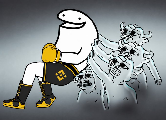 A cartoon image of a white ghost-like figure in boxing gear (Binance logo shorts and yellow boots) being carried by a crowd of cheering ghost characters with sunglasses.