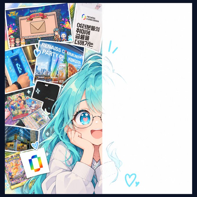 An anime-style illustration of a blue-haired girl with glasses surrounded by photos of 'renaiss collections' merchandise, Pokémon cards, and a 'RENAISS PARTY On COMMUNITY KBW2026' event banner.
