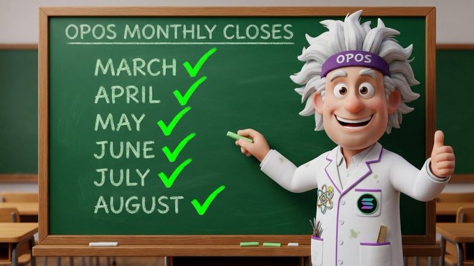 A cartoon scientist character with wild white hair and an 'OPOS' headband gives a thumbs up in front of a chalkboard listing 'OPOS MONTHLY CLOSES' from March through August, each marked with a green checkmark.