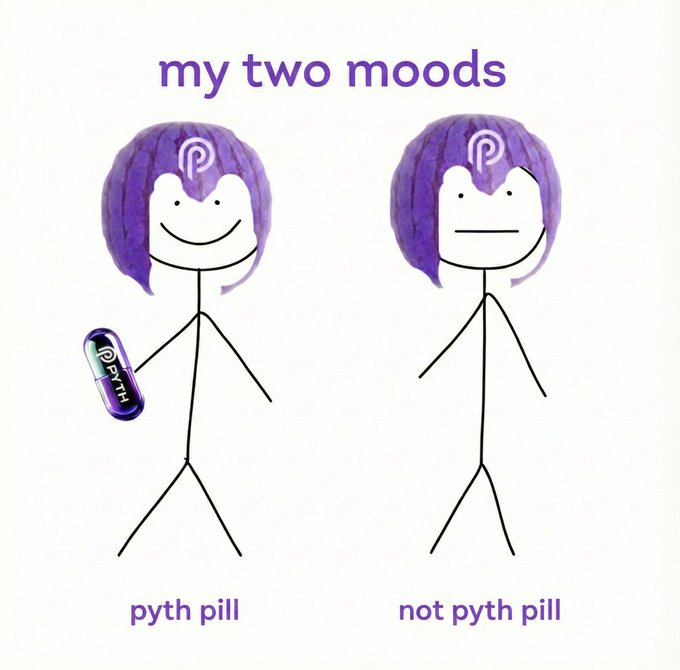 A "my two moods" meme featuring two stick figures with purple hair—the happy one on the left labeled "pyth pill" holds a pill marked "PYTH," while the grumpy one on the right is labeled "not pyth pill." The image humorously illustrates the post's point that the best mood for any PERPS DEX is being powered by Pyth Network, with the "pyth pill" representing the ideal state versus an unhappy alternative.