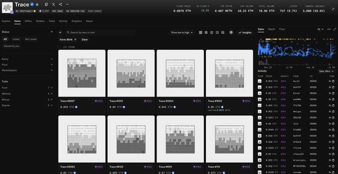 The image shows a marketplace page for the "Trace" NFT collection, displaying a grid of pixelated grid-based artworks (Trace #0807, Trace #0772, Trace #0704, Trace #0823, etc.) with ETH prices ranging around 0.006-0.007 ETH. The post suggests these abstract pixelated patterns are actually encoded characters that will decode to reveal unique forms, with rarity determined by their encoding and animation—a discovery that would transform the collection's value beyond their current modest marketplace listings.