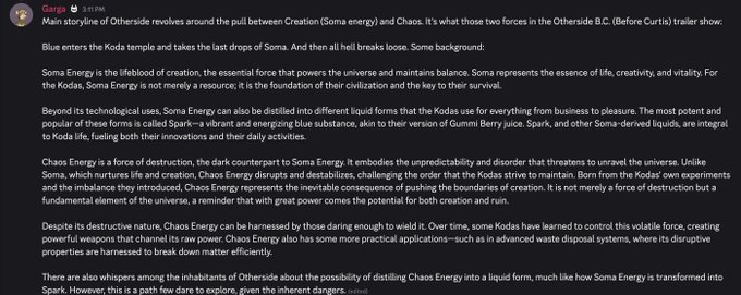 The image shows a Discord message from user "Garp" at 3:11 PM discussing Otherside lore, explaining that the main storyline revolves around the balance between Creation (Soma energy) and Chaos forces, with Soma Energy serving as life force and Chaos Energy representing destruction in the Otherside B.C. (Before Curtis) trailer storyline. The post directly addresses the user's question about Otherside lore by providing a detailed breakdown of the mythological mechanics introduced in the project.