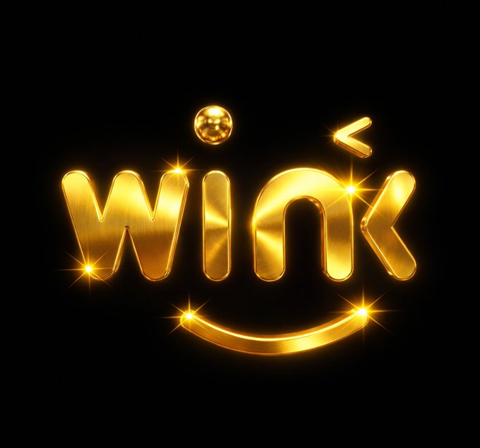 The image displays a stylized "Wink" logo in gleaming gold lettering with sparkle effects on a black background. The whimsical smiley face design formed by the logo's dot and curved underline complements the post's optimistic tone, branding the platform as a trustworthy, approachable bridge between traditional finance and Web3 through its RWA data oracle services.