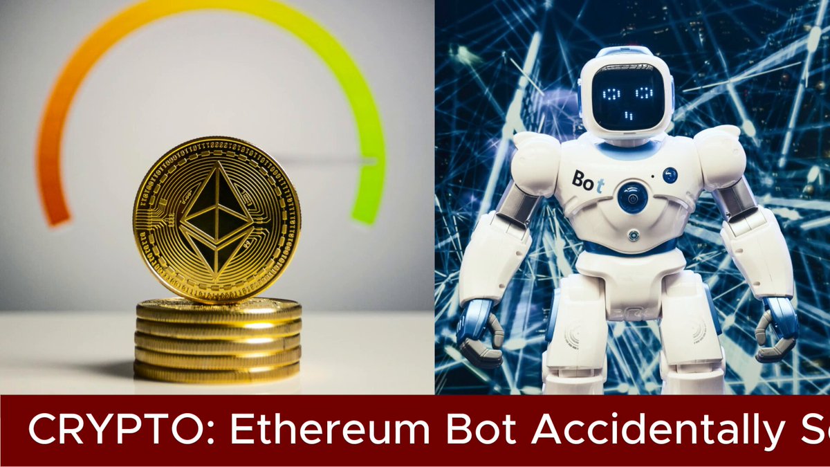 The image shows two stacks of coins - one stack with a gold coin at the bottom and another stack containing ethereum tokens, including a token labeled "etherum bot accidentally S". The scene presents the concept of a robot accidentally sending Etherum tokens to a recipient on its own after a system bug. The phrase "Etherum Bot Accidentally S" is written below the stacks of coins as part of the image's text explanation.