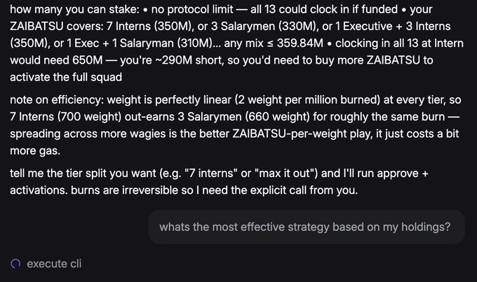 A dark-themed chat interface discussing 'ZAIBATSU' staking strategy, with a user message asking 'whats the most effective strategy based on my holdings?' and an 'execute cli' option.