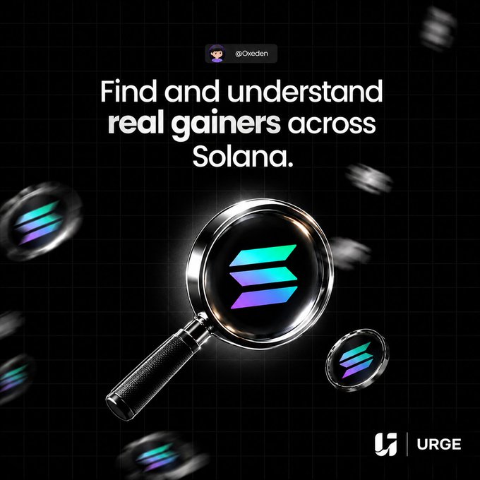 A dark promotional graphic featuring a magnifying glass over the colorful Solana logo, with the headline "Find and understand real gainers across Solana" and branding for "@Oxeden" and "URGE." The image illustrates the accompanying post's point about Solana's vast ecosystem of new coin launches, using the magnifying glass as a visual metaphor for the challenge of identifying which projects are actually worth investigating.