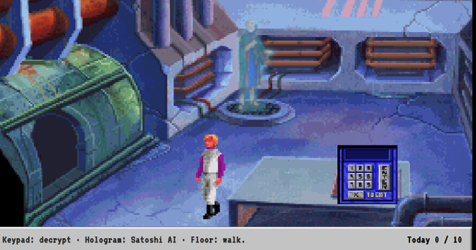 A screenshot from a point-and-click adventure video game showing a character with orange hair standing in a futuristic room with a hologram of another figure, featuring text 'Keypad: decrypt · Hologram: Satoshi AI · Floor: walk.' and 'Today 0 / 10'.