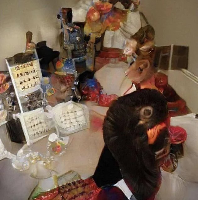 A surreal, distorted digital artwork featuring a chimpanzee-like figure surrounded by swirling, melted objects, figurines, and chaotic elements in a dreamlike scene.