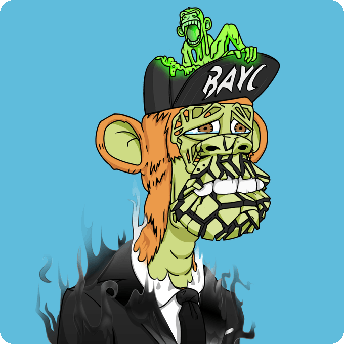 A stylized illustration of a Bored Ape Yacht Club (BAYC) character wearing a black cap with 'BAYC' lettering, featuring a zombie ape on top of the hat.