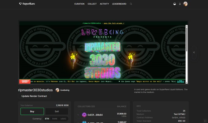 A screenshot of the SuperRare NFT marketplace showing the 'ripmaster3030studios' collection page with a banner reading 'LOVEKING PRESENTS RIPMASTER 3030 STUDIOS' and 'the Queen says 'Magic Mirror on the Wall''.