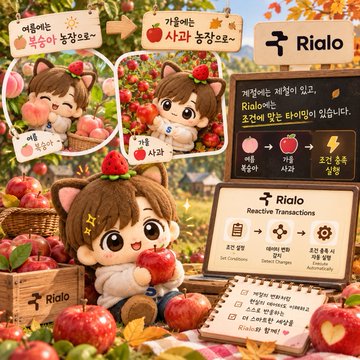 A promotional graphic for Rialo featuring a cute anime-style character with a cat holding an apple, surrounded by strawberry illustrations, apples, and product information about 'Reactive Transactions'.