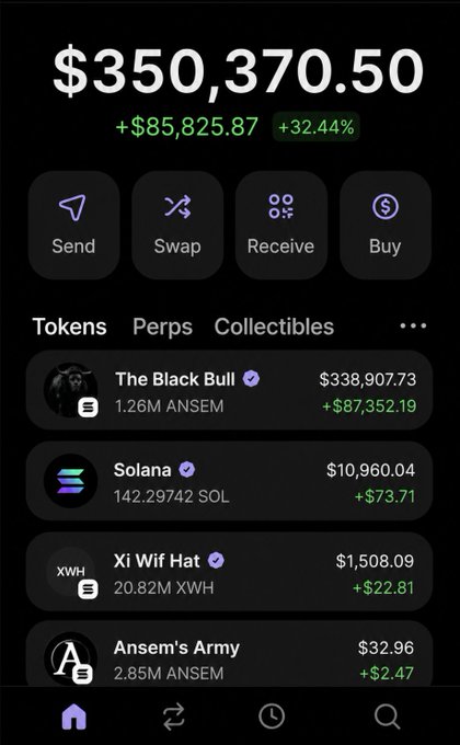 A crypto wallet app screenshot displays a portfolio balance of $350,370.50 (up +$85,825.87 or +32.44%), showing holdings in "The Black Bull" ($338,907.73), Solana (142.30 SOL worth $10,960.04), "Xi Wif Hat" (20.82M XWH), and "Ansem's Army" (2.85M ANSEM). The image is used to flaunt large token gains—particularly the $87,352.19 profit on The Black Bull—to lure engagement (likes, retweets, address drops) for a $15 giveaway.