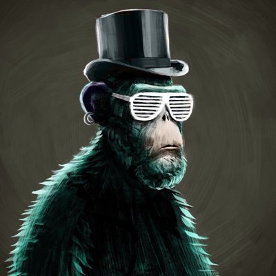 A digital illustration of a dark green chimpanzee wearing a black top hat and white shutter shades against a dark, textured background.