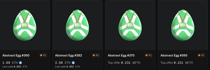 Four 'Abstract Egg' NFTs (#360, #382, #370, #385) are displayed on a dark background with their respective bid amounts in ETH, including 'Last sale 0.055 ETH' and 'Top offer 0.231 WETH'.