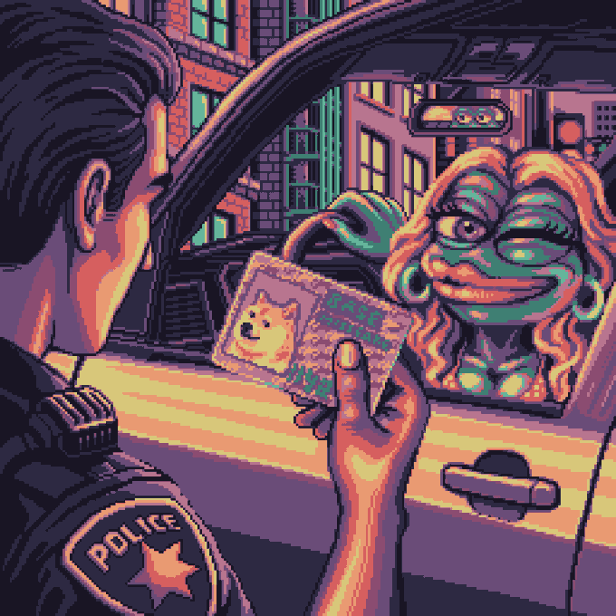 Pixel art illustration of a police officer holding up a Doge-themed license card to Miss Piggy sitting in the driver's seat of a car.