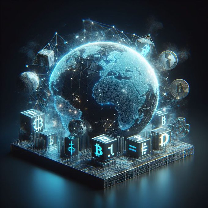 A futuristic digital globe surrounded by a network of glowing connections and floating cryptocurrency icons—including Bitcoin (₿), Ethereum (Ξ), and Dogecoin (Ð)—rises from a blockchain-like platform, visualizing the global, interconnected nature of crypto markets. The image's world-spanning, data-driven aesthetic mirrors the post's market update, which highlights cross-crypto dynamics such as BTC's pressure at key support, ETH's flat trading, and altcoins' mixed performance amid cautious, sideways sentiment.