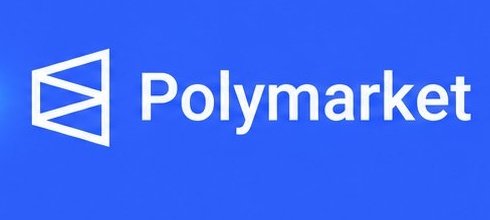 The image features a blue logo for Polymarket, which is an online marketplace that allows users to buy and sell various products. The logo consists of two white triangles connected by a line, creating a unique and eye-catching design. The background color of the logo is blue, making it stand out against other colors in the image.