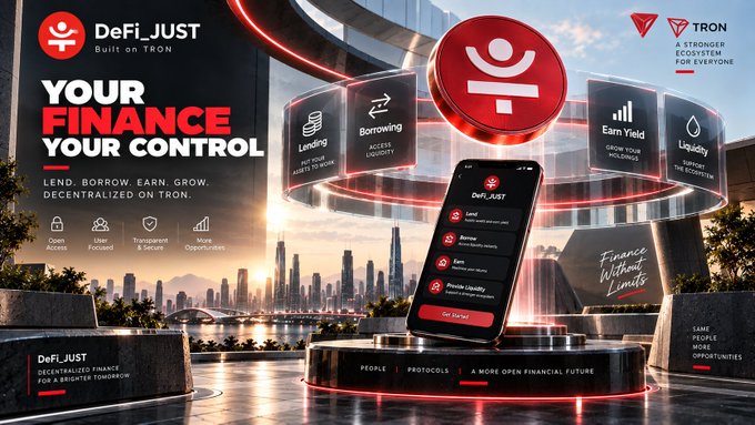 A promotional banner for DeFi_JUST, built on the TRON blockchain, advertises decentralized finance services including lending, borrowing, and earning yield.