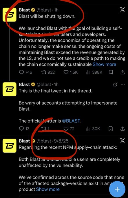 A tweet from @blast (verified) announces "Blast will be shutting down" due to unsustainable economics, with the thread's final post dated September 8, 2025, confirming no activity for over a year before the shutdown announcement. The image illustrates the crypto project's silence followed by its abrupt closure notice, matching the post's observation that its inactivity was a telltale sign of its demise.