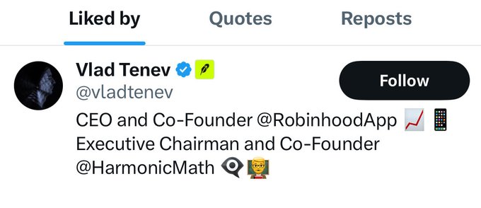 A Twitter/X profile screenshot showing 'Vlad Tenev' (@vladtenev) as CEO and Co-Founder @RobinhoodApp and Executive Chairman and Co-Founder @HarmonicMath.