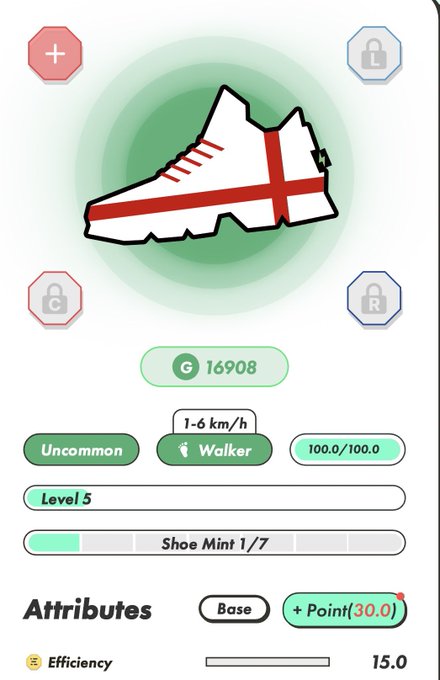 A mobile game interface showing a white sneaker NFT item worth 16908 G coins, classified as Uncommon Walker, Level 5, with attributes including Base and +Point(30.0).