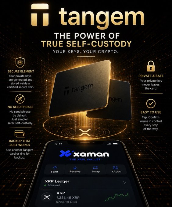A promotional advertisement for Tangem highlights 'THE POWER OF TRUE SELF-CUSTODY', featuring black Tangem cards and a smartphone displaying the Xaman XRP wallet with 1,231.45 XRP.