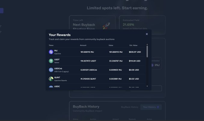 The image shows a screenshot of a software interface with a summary box displaying "Your Rewards" at the top and two other boxes below for different cryptocurrency transactions. One of the boxes has a rating and score for each transaction, indicating that it's based on user feedback. The text suggests this software helps users track their rewards from community-driven purchases or buyback activities such as buying a Bitcoin, paying $INJ in Bitcoin back to a seller, buying a Dogecoin for $INJ, receiving 1 Bitcoin, and so on.

The post also mentions that there was a community buyback that ended with around 13% ROI but just finished this month with 22.6% ROI, meaning the user has already seen a return from their investment. The image focuses on this post's content about transactions involving cryptocurrencies and their associated rewards in the cryptocurrency exchange software's interface.