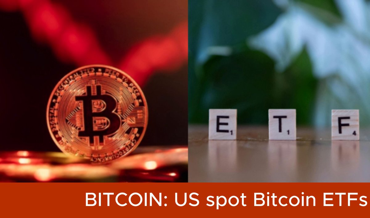 The image shows a coin with the words "BITCOIN" written on it, along with the phrase "US SPOT BITCOIN ETFS". The coin has been placed on top of a wooden table. Below the coin, there is an image of a white block with the letters "EFT" written on it. The text "BITCOIN: US SPOT BITCOIN ETFS" is also present in the image.